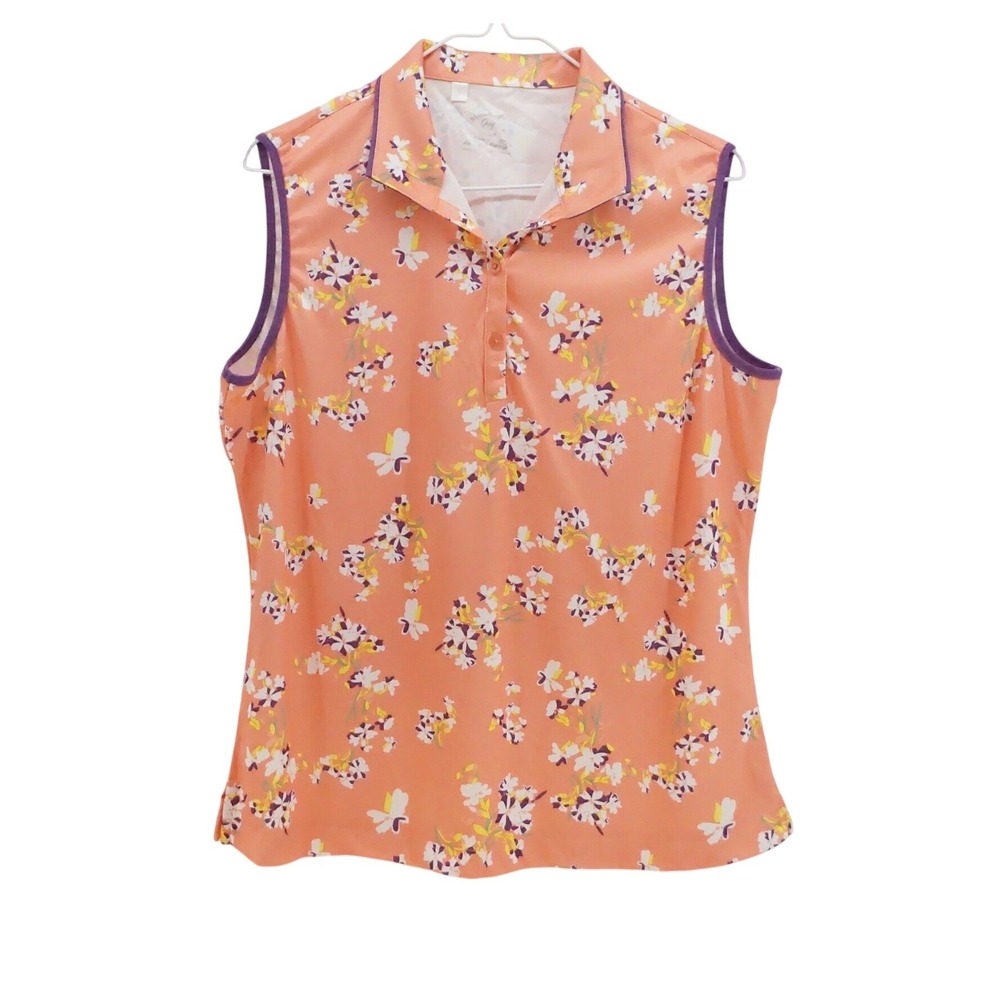 Monterey Club Womens Sleeveless Golf Polo Top‎ Coral Floral Dry Swing Large